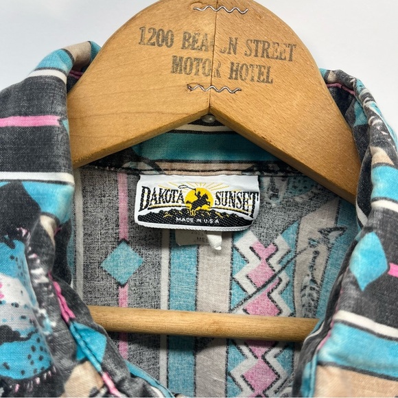 Vtg Dakota Sunset Southwest Bison Skull Rodeo Button Up Long Sleeve Shirt Sz M - Picture 4 of 9
